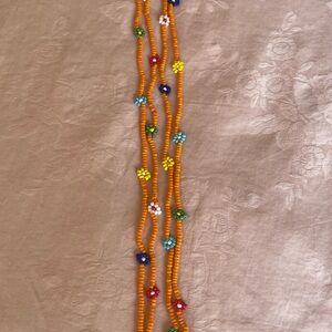Orange Seed Bead Necklace with Multicolor Flower Accents